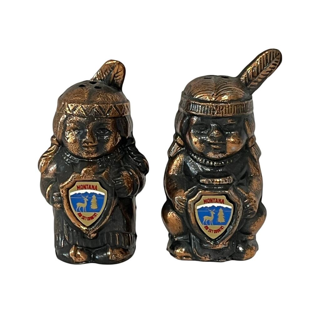 Vintage Montana Native American Metal Salt Pepper Shakers Bronze Finish‎